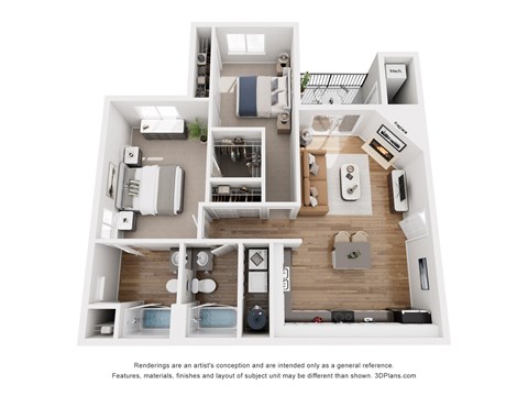 Floor plan for 2 beds, 2 baths, 975 sqft
